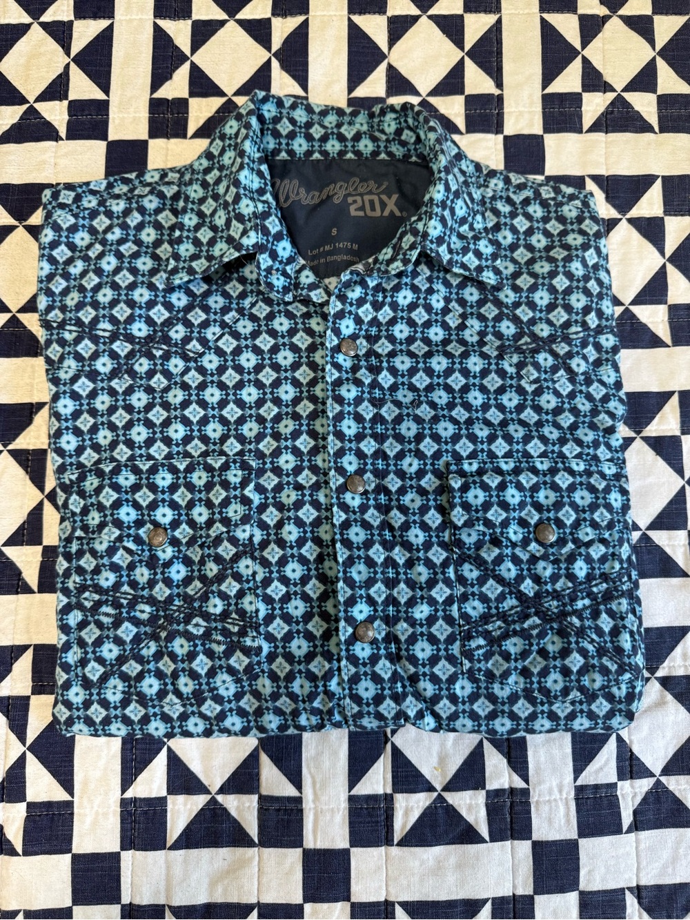 Wrangler Blue Patterned Lightweight Western Pearl Snap